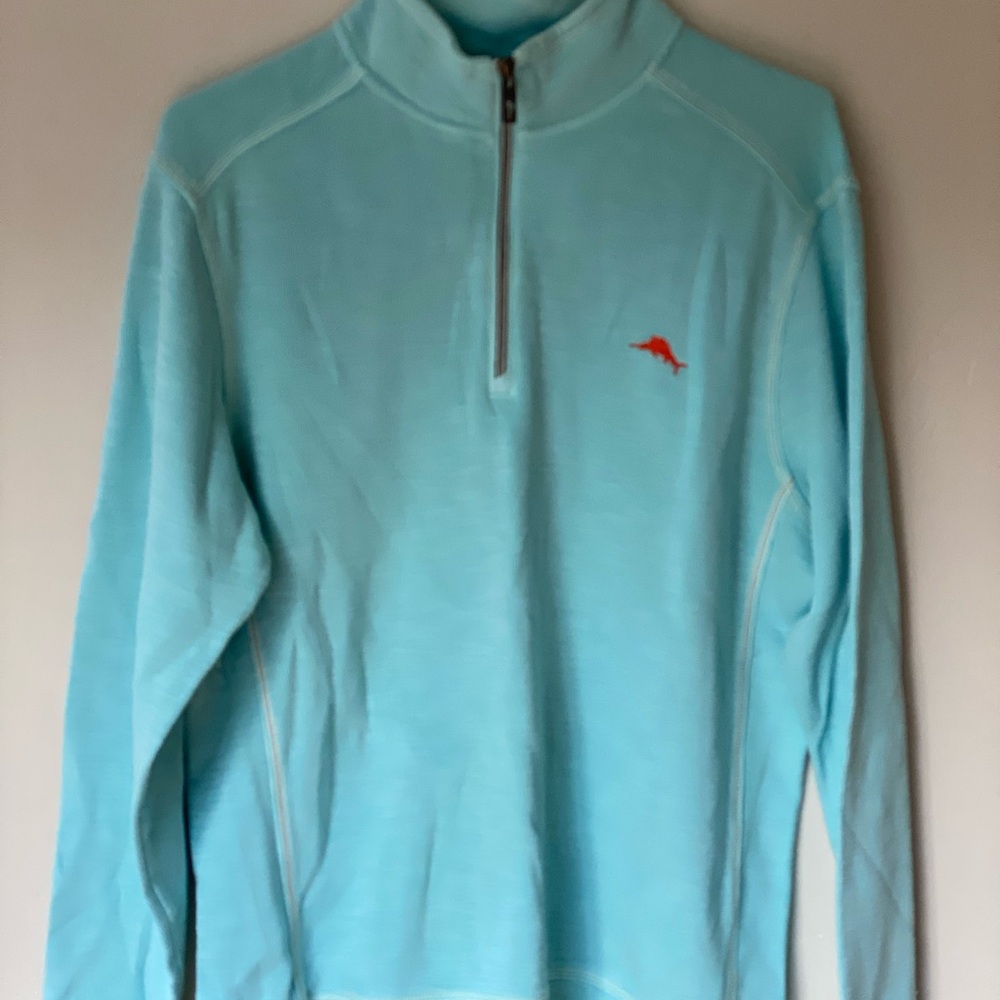 Tommy Bahama Light Aqua Quarter-Zip Pullover with Orange Fish Logo